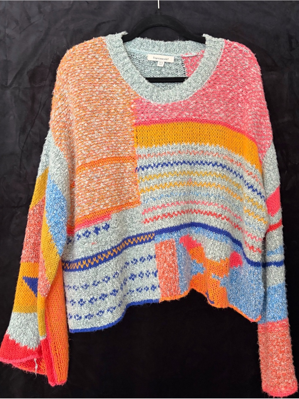 Francesca’s XS Multicolor Patchwork Oversized Knit Sweater Boho